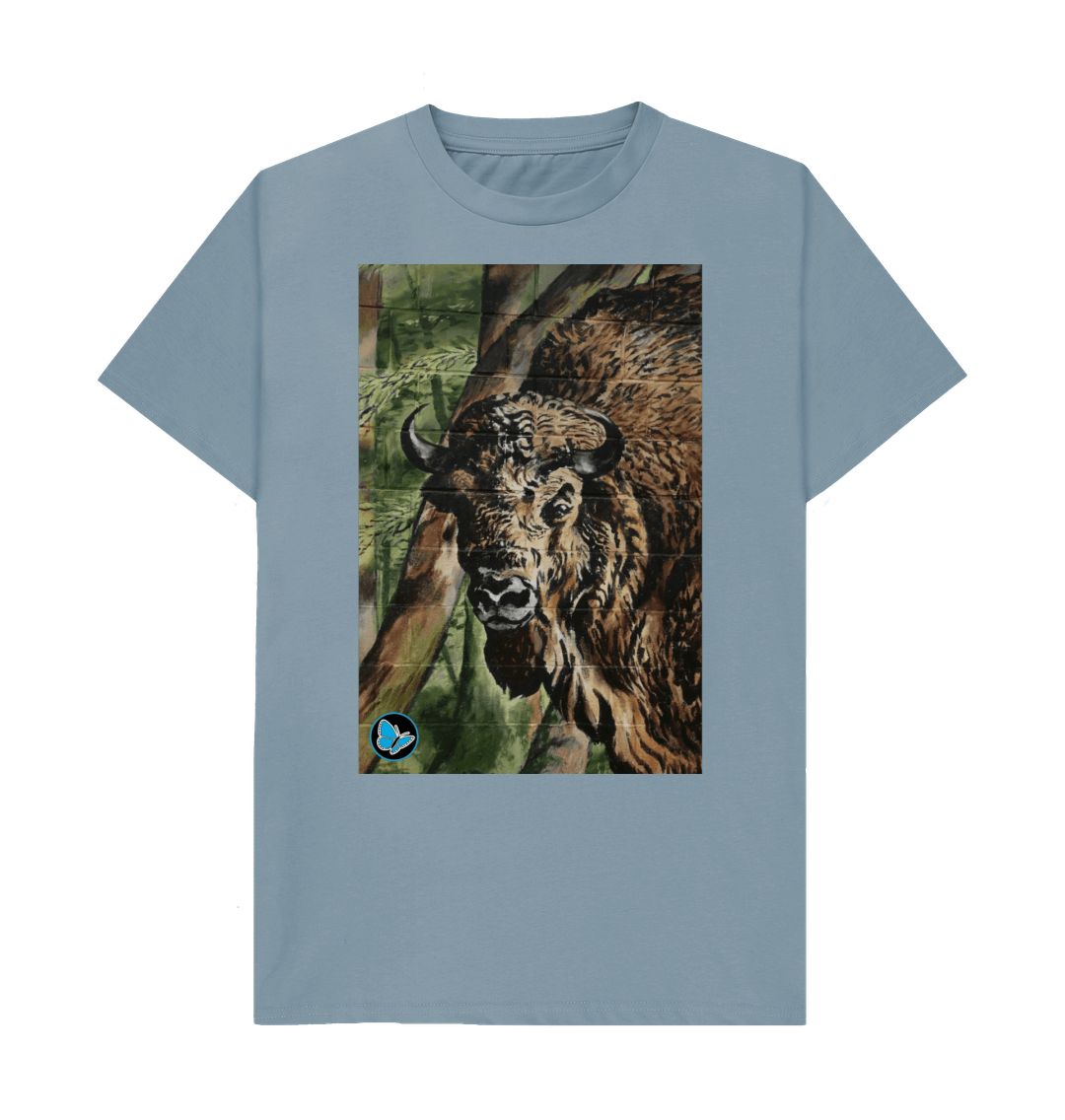 Stone Blue Bison Mural Art T-Shirt - Men - Teemill