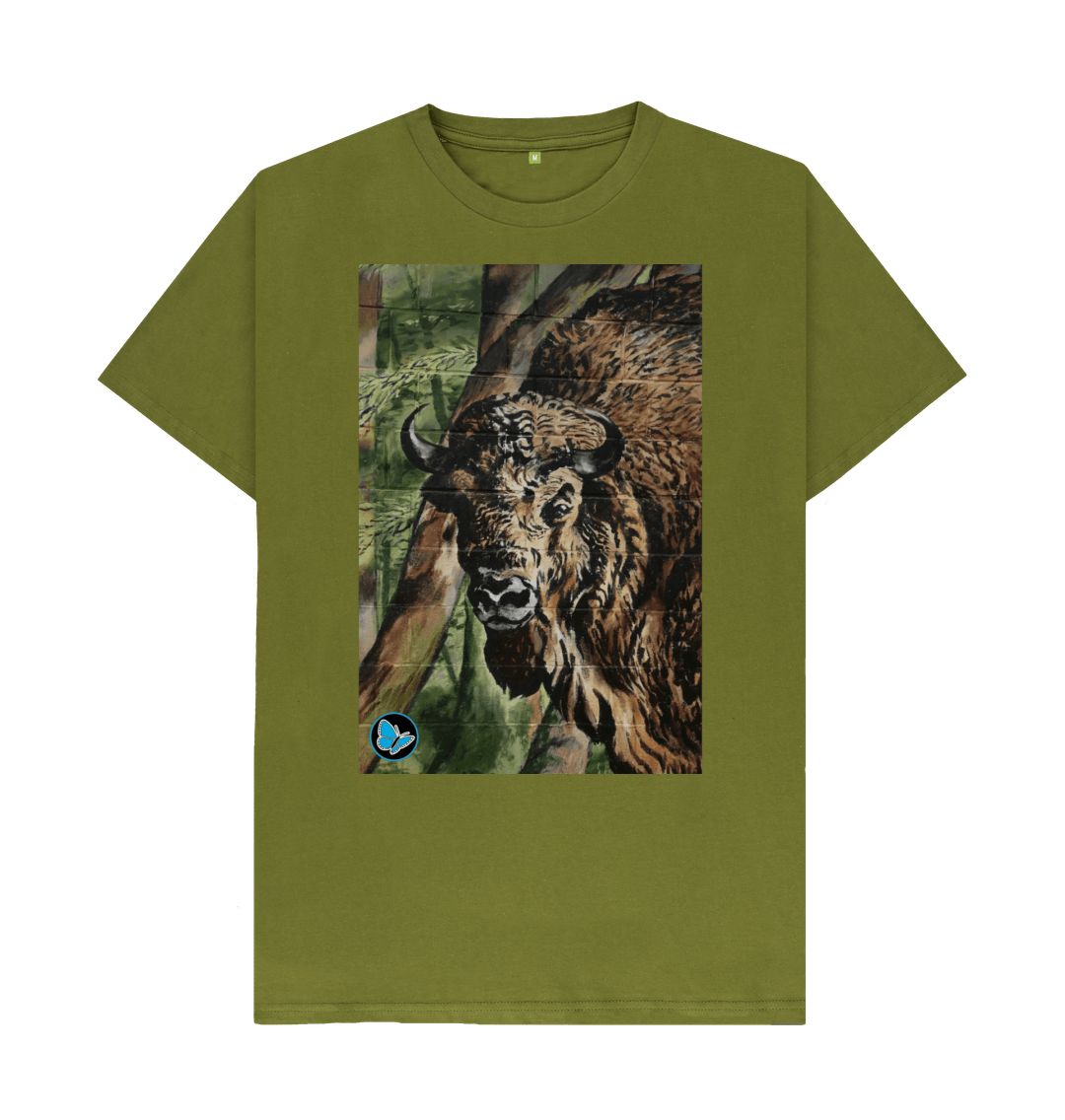 Moss Green Bison Mural Art T-Shirt - Men - Teemill