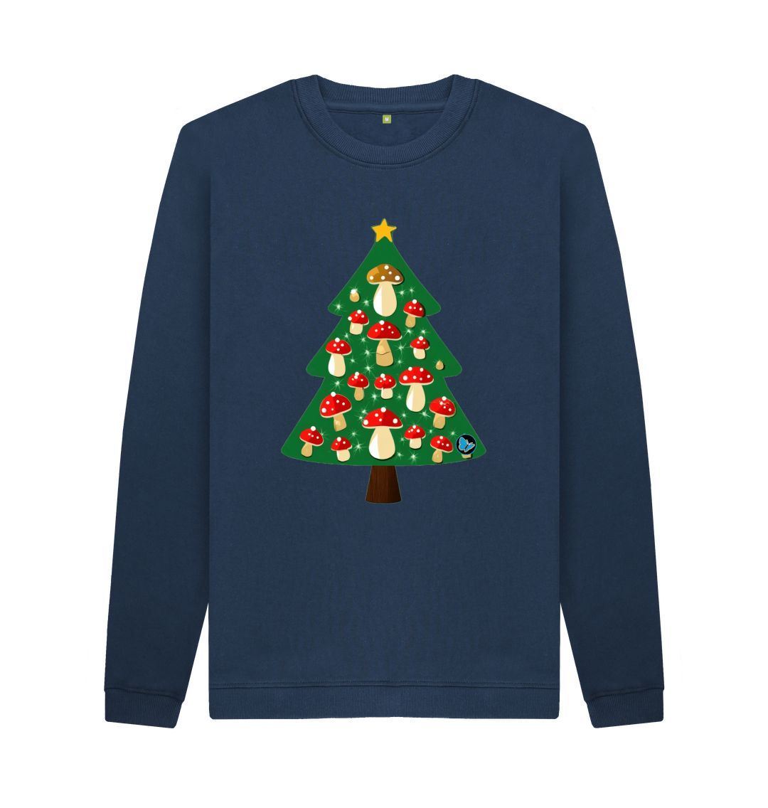 Navy Blue Fly Agaric Christmas Tree Crew Neck Sweater - Teemill